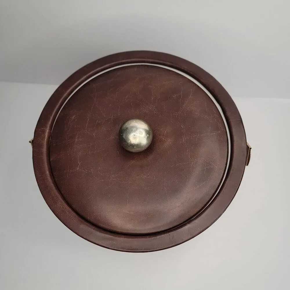 Vintage MCM Brown Vinyl Ice Bucket High Rise Brass Handle Retro Barware 8 In